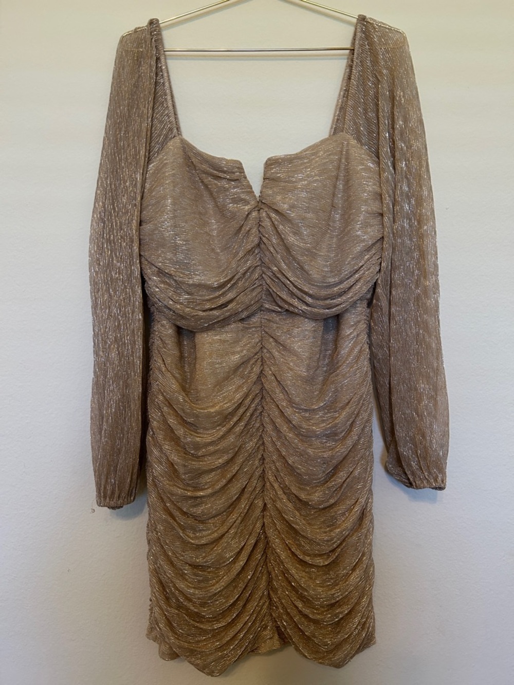 BCBGeneration Shimmery Taupe Ruched Long-Sleeve Cocktail Dress - Picture 2 of 9